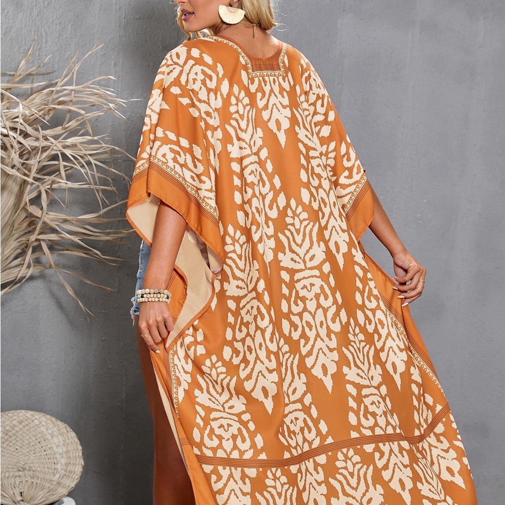 NWT Orange Color | Printed Open Front Duster Kimono with Tassel Trim